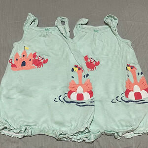 Twin girls carters rompers 12 Months Light Green Pink Crab Flamingo